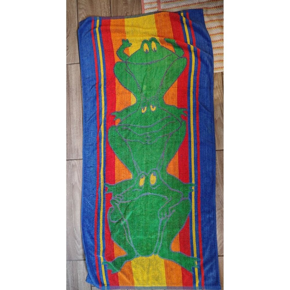 Vintage Cecil Saydah Funny Frogs Beach Towel, 100% Cotton, Kitsch Fun Striped